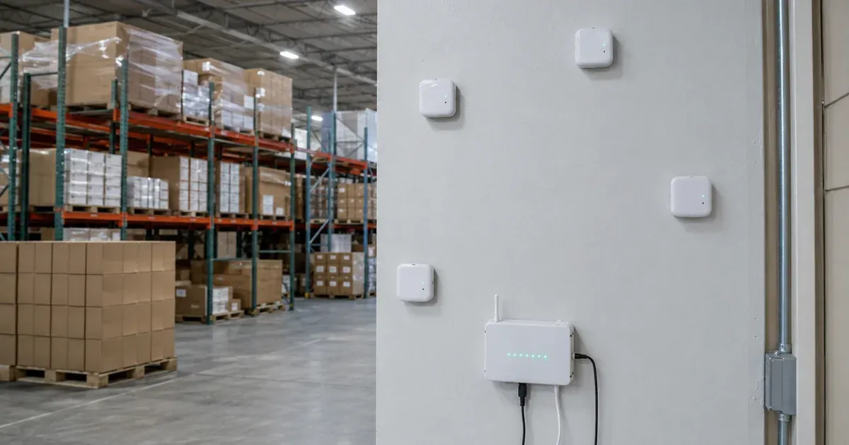 Шлюз LoRaWAN на стене склада, рядом — два датчика температуры и влажности на стеллажах, на планшете оператора открыта облачная панель мониторинга с графиками за последние сутки