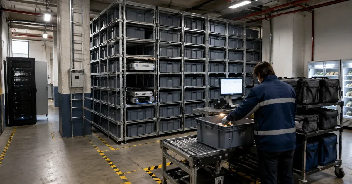 Компактный micro-fulfillment center с shuttle-системой внутри торгового помещения — автоматическая сборка заказов