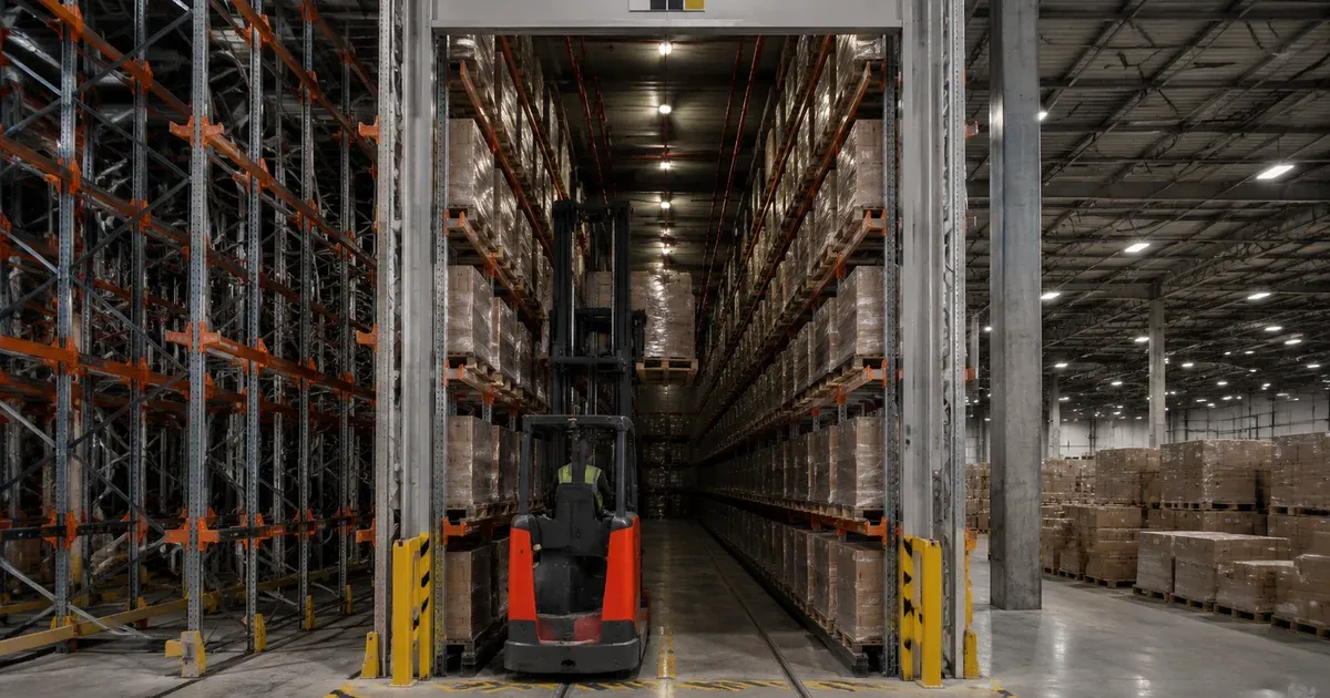 Набивные стеллажи drive-in на складе — глубокие каналы хранения паллет в 5 ярусов
