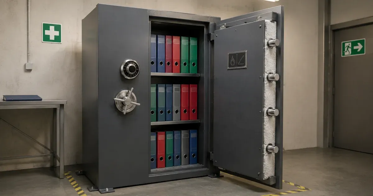 Огнестойкий сейф класса EI 60 с открытой дверцей, внутри видны полки с папками документов