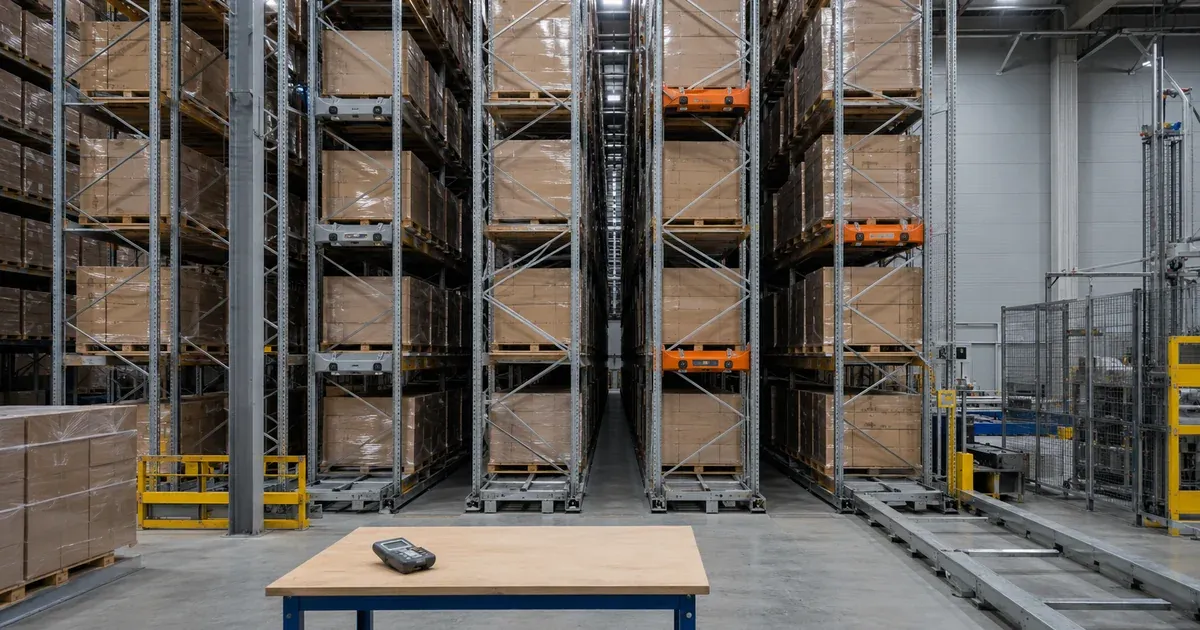 Канальные стеллажи pallet shuttle высотой 10 метров: между направляющими каретка с поднятой паллетой движется вглубь канала, оператор погрузчика с пультом стоит перед фронтальной частью